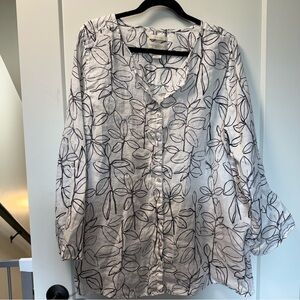 Cynthia Rowley 100% Linen Button Front Black White Floral Tunic Top Neutral‎ 2X